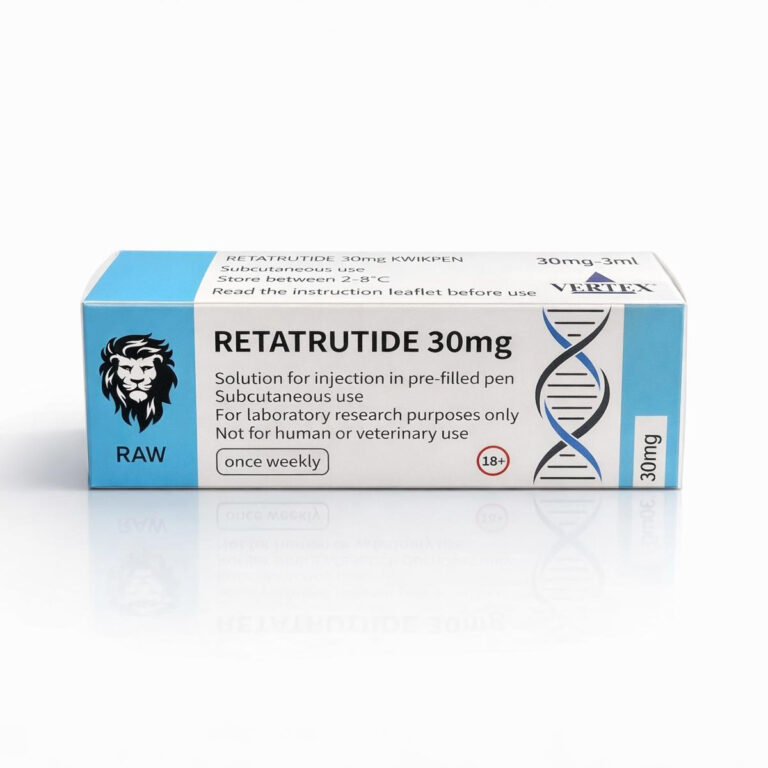 Raw Retatrutide Peptide 30mg (R&D Only) Raw Retatrutide Peptide 30mg is a research grade triple GIP GLP-1 glucagon receptor agonist peptide supplied as ≥98% pure lyophilized powder. Designed for advanced metabolic and obesity research, this high purity Retatrutide compound delivers consistent potency at research scale. Availability: 88 in stock Raw Retatrutide Peptide 30mg